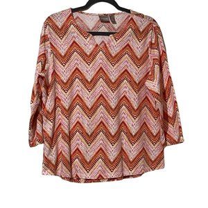 Chico’s women's size 2 (L/12) orange zig zag pattern split V neck 3/4 sleeve top